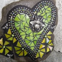 Lime Green Mosaic Heart Garden Stone with Yellow Pinwheel Flowers