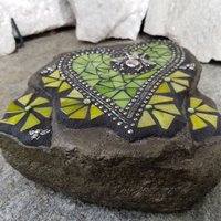 Lime Green Mosaic Heart Garden Stone with Yellow Pinwheel Flowers