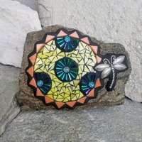 Yellow Mosaic Sun, Bee and Flowers Garden Stone, Garden Decor