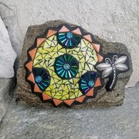 Yellow Mosaic Sun, Bee and Flowers Garden Stone, Garden Decor