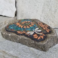 Iridescent Green Mosaic Heart Garden Stone with Orange Pinwheel Flowers