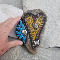 Orange Mosaic Heart Garden Stone with Blue Layered Flower