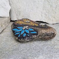 Orange Mosaic Heart Garden Stone with Blue Layered Flower