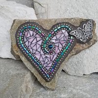 Pink Mosaic Heart Garden Stone with Butterfly