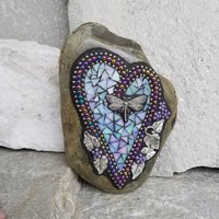 Iridescent Blue Mosaic Heart, Garden Stone, Garden Decor