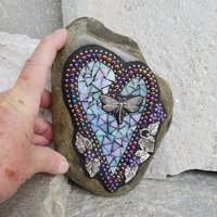 Iridescent Blue Mosaic Heart, Garden Stone, Garden Decor