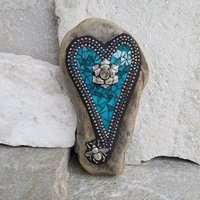 Turquoise Blue Heart, Rose  Mosaic / Garden Stone