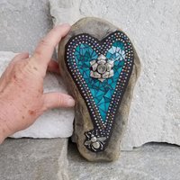 Turquoise Blue Heart, Rose  Mosaic / Garden Stone