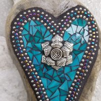 Turquoise Blue Heart, Rose  Mosaic / Garden Stone