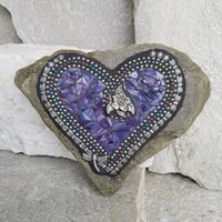 Purple Mosaic Heart Garden Stone with Dragonfly Wings