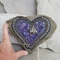 Purple Mosaic Heart Garden Stone with Dragonfly Wings