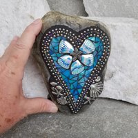 Iridescent Blue Mosaic Heart, Seashells, Garden Stone 