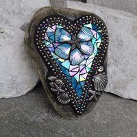 Iridescent Blue Mosaic Heart, Seashells, Garden Stone 