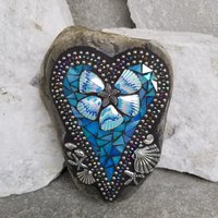 Iridescent Blue Mosaic Heart, Seashells, Garden Stone 