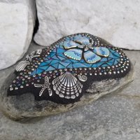 Iridescent Blue Mosaic Heart, Seashells, Garden Stone 