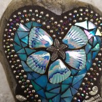 Iridescent Blue Mosaic Heart, Seashells, Garden Stone 