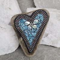 Dusty Teal Blue Mosaic Heart Garden Stone 