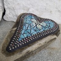 Dusty Teal Blue Mosaic Heart Garden Stone 