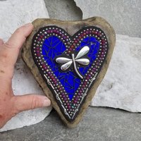 Cobalt Blue Heart, Dragonfly Mosaic / Garden Stone