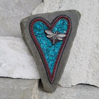 Turquoise Blue and Red Heart, Dragonfly  Mosaic / Garden Stone