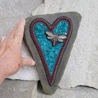 Turquoise Blue and Red Heart, Dragonfly  Mosaic / Garden Stone