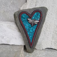 Turquoise Blue and Red Heart, Dragonfly  Mosaic / Garden Stone