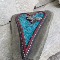 Turquoise Blue and Red Heart, Dragonfly  Mosaic / Garden Stone
