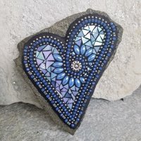 Iridescent Blue Mosaic Heart, Blue Flowers, Garden Stone, Sunflower