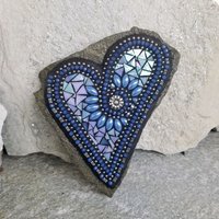 Iridescent Blue Mosaic Heart, Blue Flowers, Garden Stone, Sunflower