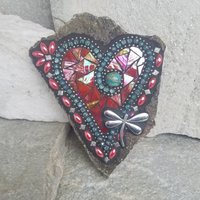 Iridescent Red Mosaic Heart Garden Stone with Dragonfly  