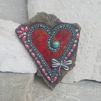 Iridescent Red Mosaic Heart Garden Stone with Dragonfly  