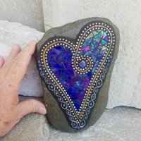 Iridescent Dark Blue Mosaic Heart Garden Stone  