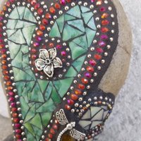Green Mosaic Heart Garden Stone with Buttercream Flower