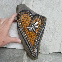 Amber Mosaic Heart Garden Stone with Dragonfly