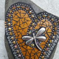 Amber Mosaic Heart Garden Stone with Dragonfly