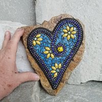 Medium Blue Mosaic Heart, Yellow Flowers, Garden Stone