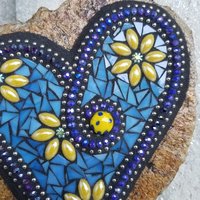 Medium Blue Mosaic Heart, Yellow Flowers, Garden Stone