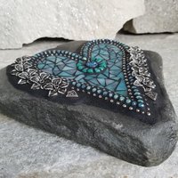 Teal Mosaic Heart Garden Stone
