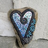 Iridescent Blue Mosaic Heart, Blue Flowers, Garden Stone