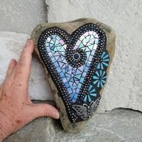 Iridescent Blue Mosaic Heart, Blue Flowers, Garden Stone