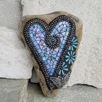 Iridescent Blue Mosaic Heart, Blue Flowers, Garden Stone