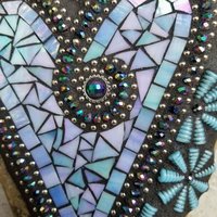 Iridescent Blue Mosaic Heart, Blue Flowers, Garden Stone