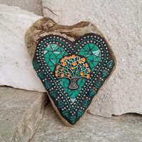 Jade Green Mosaic Heart Garden Stone with Orange Tree