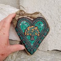 Jade Green Mosaic Heart Garden Stone with Orange Tree
