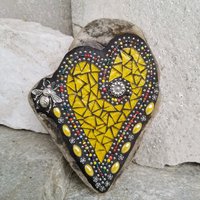 Bright Yellow Mosaic Heart Garden Stone with Bee