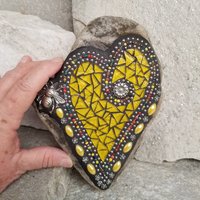 Bright Yellow Mosaic Heart Garden Stone with Bee