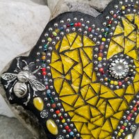 Bright Yellow Mosaic Heart Garden Stone with Bee