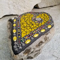 Bright Yellow Mosaic Heart Garden Stone with Bee