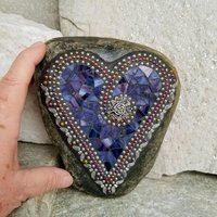 Purple Mosaic Heart Garden Stone with Angel Wings