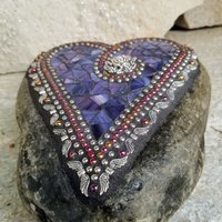 Purple Mosaic Heart Garden Stone with Angel Wings